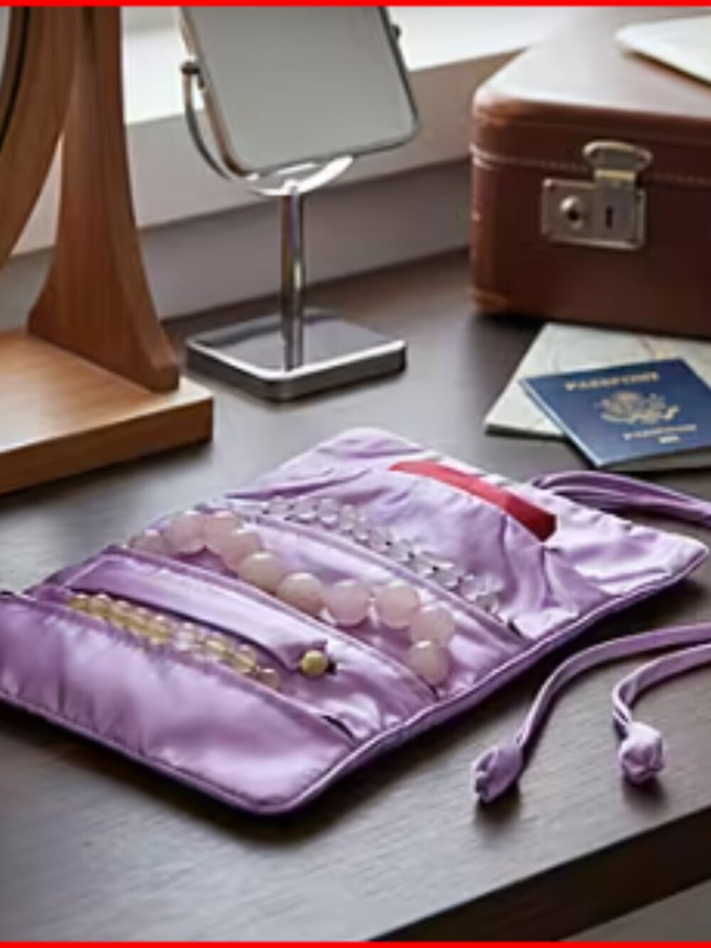 Jewelry Roll Organizer Light Purple Satin Floral Embroidery Pattern - Picture 4 of 5